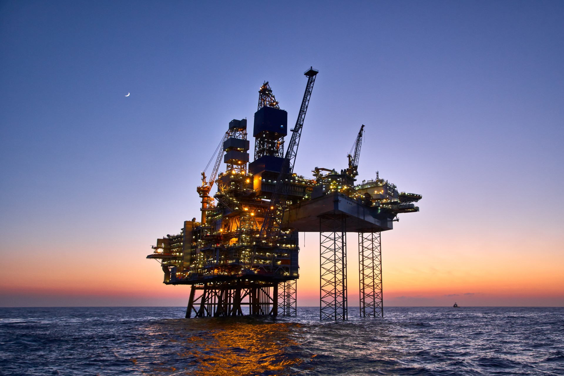 Offshore oil and gas platform on production site. 
Jack up rig crude oil production in the North Sea.